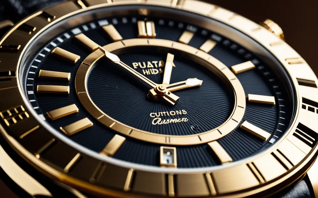 Close up view of a luxury watch dial with applied gold indices and a smooth sunburst finish under soft studio lighting.