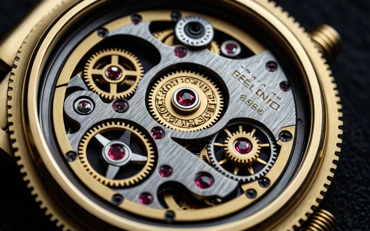 saat dişli grubu Detailed macro shot of the intricate gear train inside an automatic watch movement with brass gears and ruby jewels visible against a dark background illuminated by focused studio lighting to highlight precision engineering craftsmanship