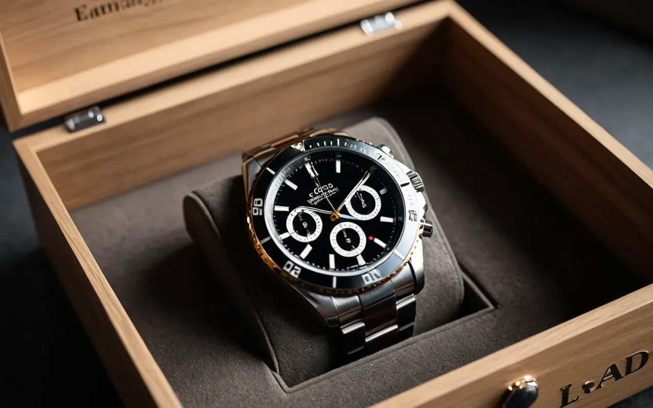 Editorial still life of a luxury watch stored in a modern box with natural daylight and neutral colors.