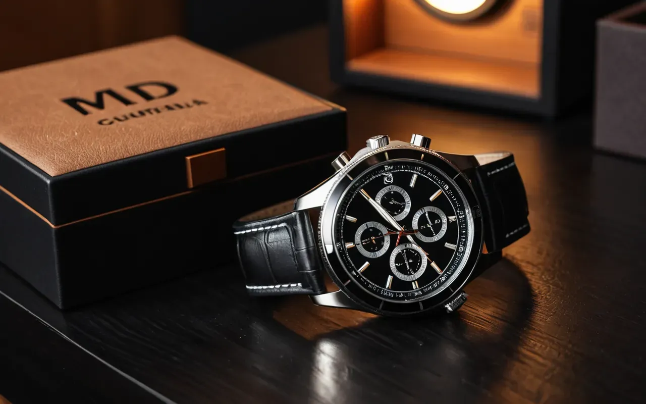 Editorial still life of a modern wristwatch on a dark leather surface next to a minimalist watch winder box, warm ambient lighting from the side highlighting the metallic texture.