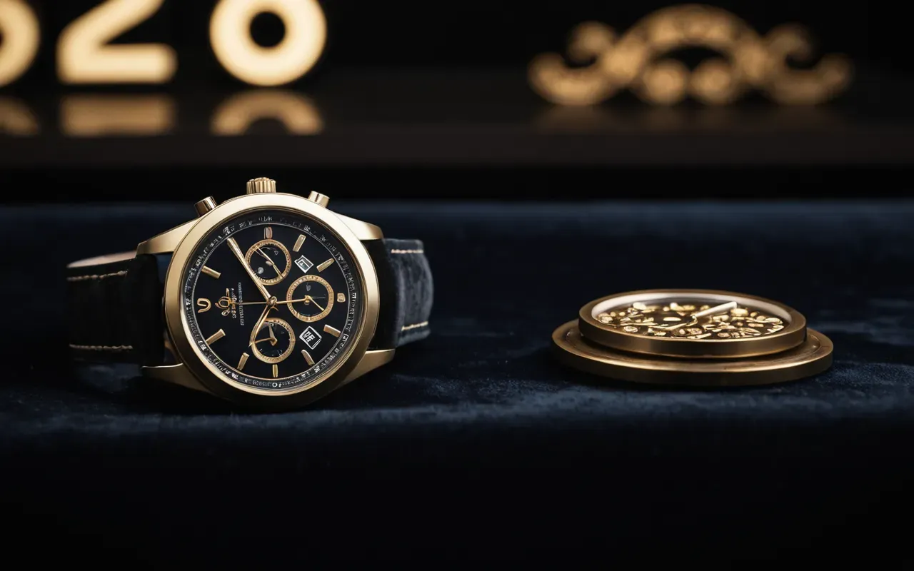 lüks saatler Elegant luxury watch collection displayed on a dark velvet surface with soft spotlight illumination, minimalist background, high-end product photography