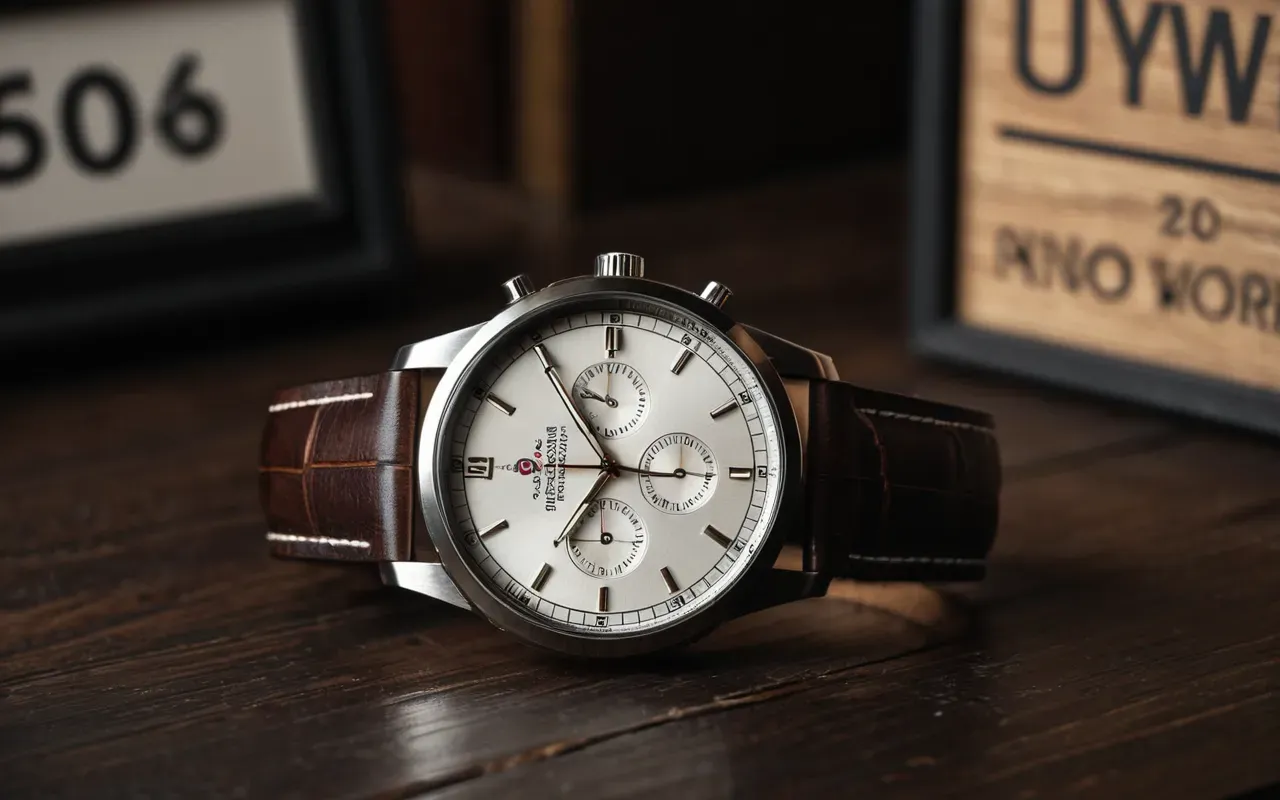lüks otomatik saat aksesuarı Elegant wristwatch on a dark wooden surface with soft directional lighting highlighting the brushed metal case and leather strap detail