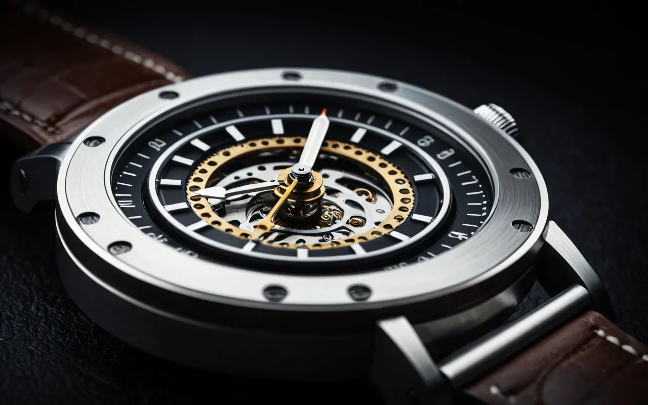 otomatik saat rotörü Extreme close-up of a polished automatic watch rotor suspended in mid-air against a dark background with soft studio lighting highlighting the brushed metal texture and central jewel bearing