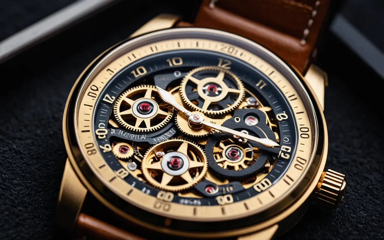 Macro photography of a mechanical watch movement showing intricate gears and polished bridges in warm golden lighting on a dark background.