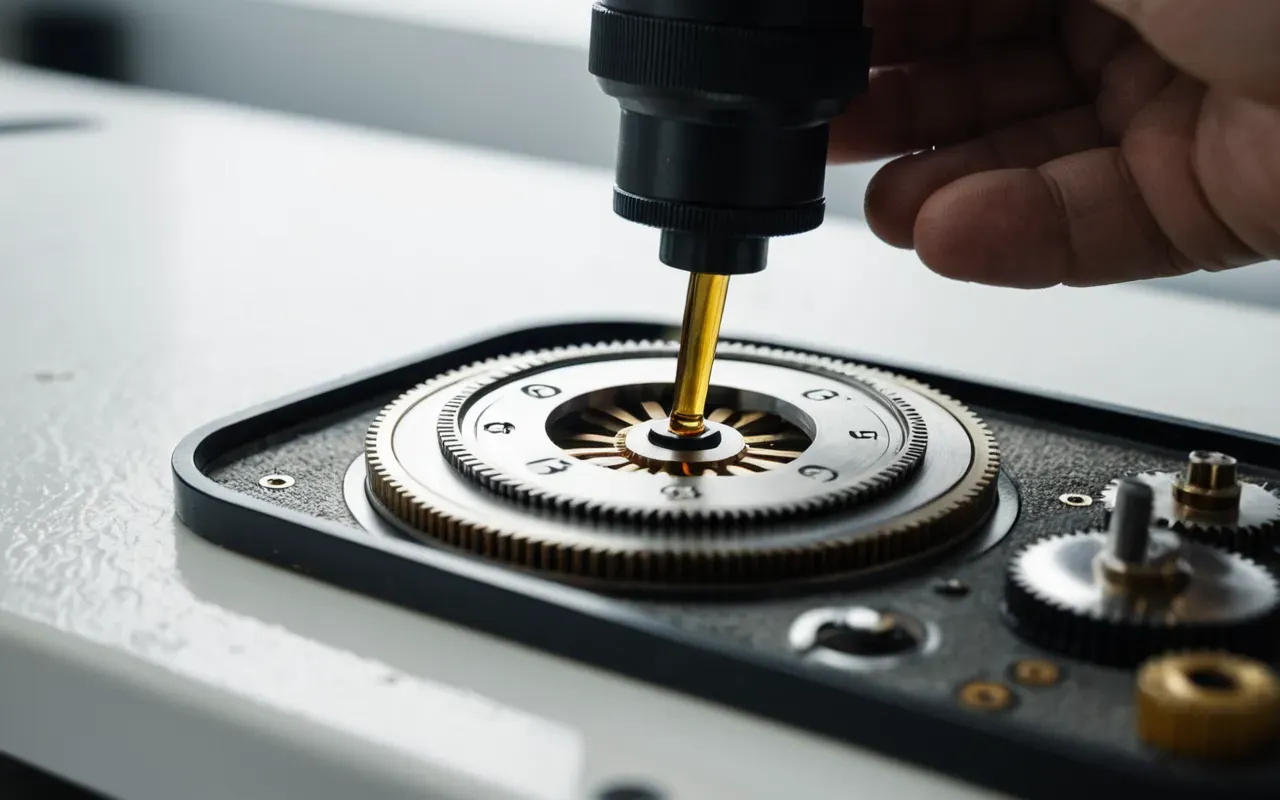 Macro shot of a watchmaker using precision tweezers to apply oil to tiny gears inside an open mechanical movement on a clean white workbench.