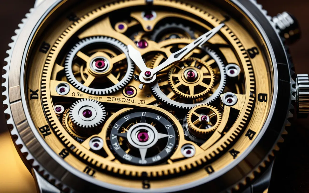 Macro shot of intricate watch gears and escapement mechanism inside a luxury timepiece, golden light reflecting off polished steel components.