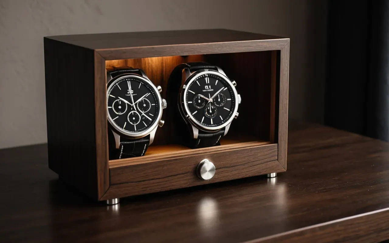 kurma kutusu Modern minimalist watch winder box with two mechanical watches rotating slowly on a dark wooden desk, soft ambient lighting, clean composition