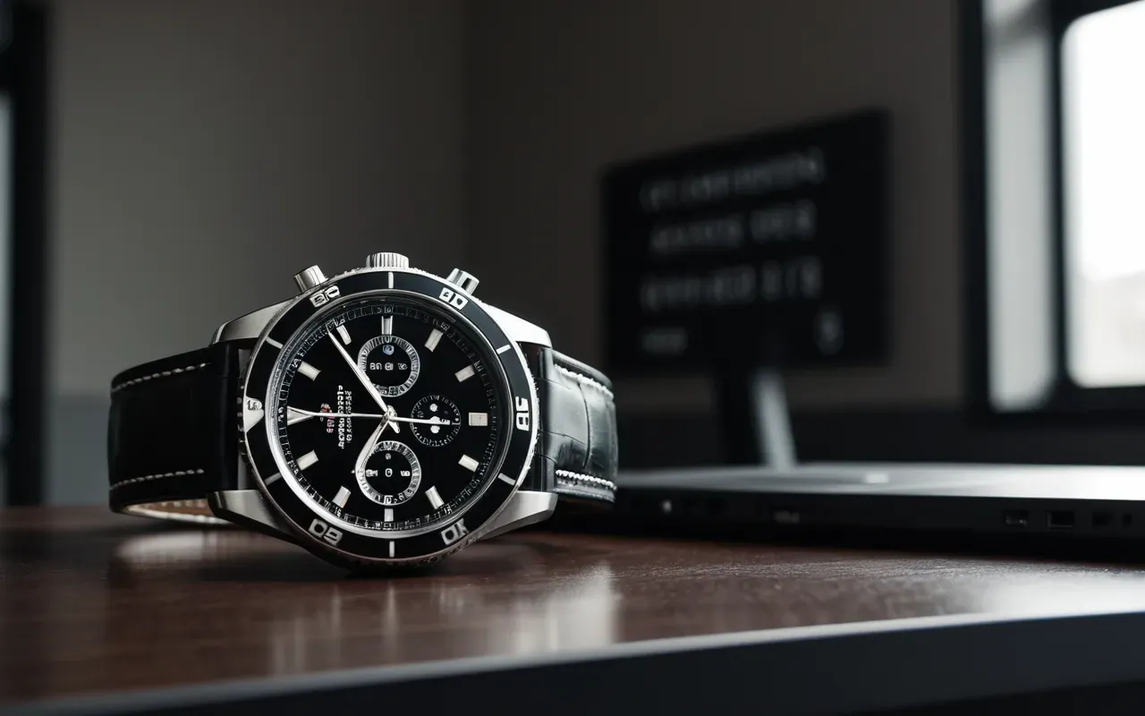 Modern minimalist workspace with a luxury watch on a dark desk and soft natural light from a window highlighting the metallic finish without any visible text or branding elements
