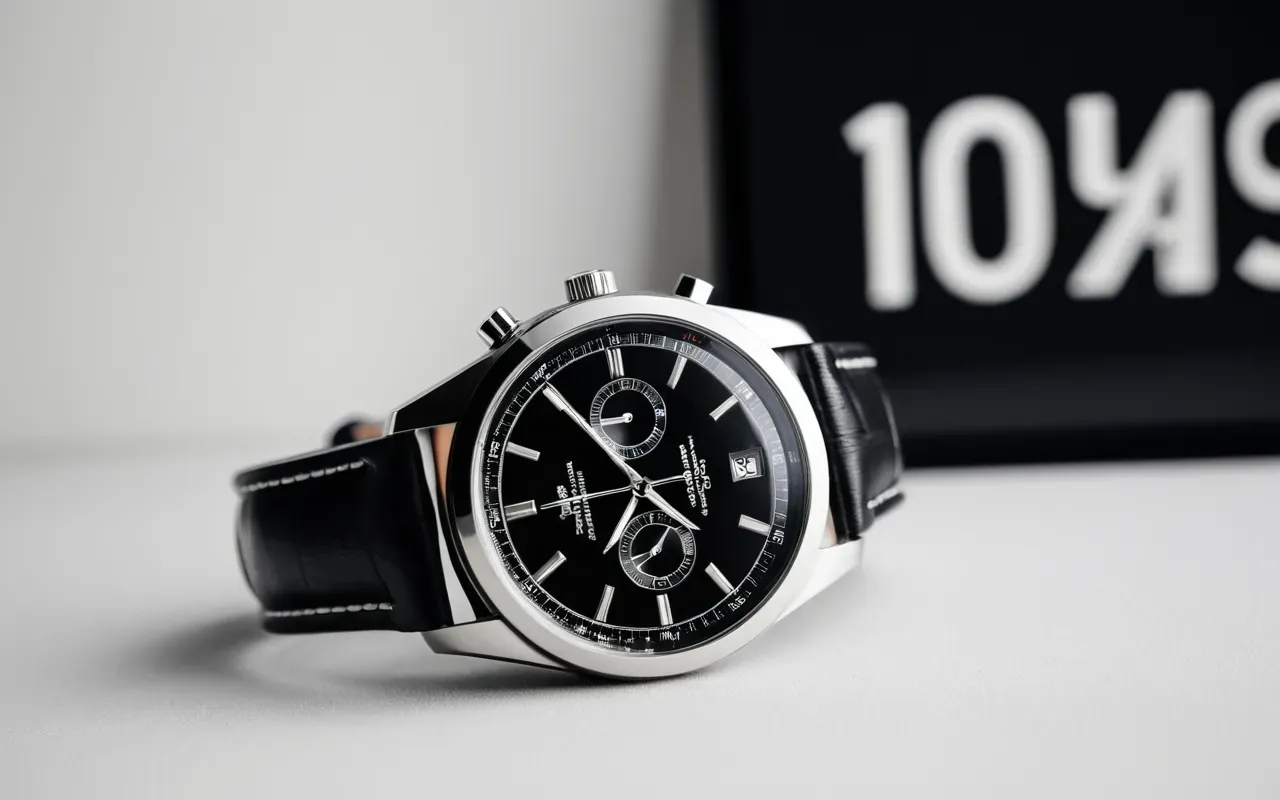 lüks saat Modern minimalist wrist wearing a luxury automatic watch with silver case and black leather strap against a clean white background with soft diffused lighting emphasizing the craftsmanship details of the dial