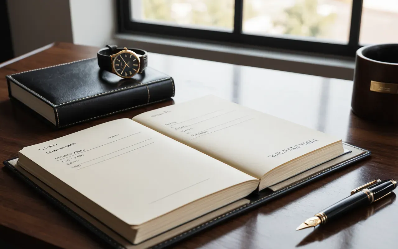 Modern office desk with a luxury wristwatch placed next to a leather-bound service logbook and fountain pen, soft natural light from a window creating subtle shadows on the wooden surface.