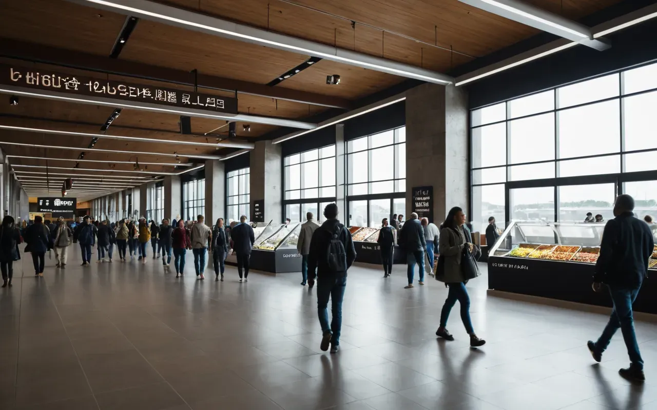 etkinlik ortamı People walking through a modern indoor event space with display booths and natural light streaming from large windows.
