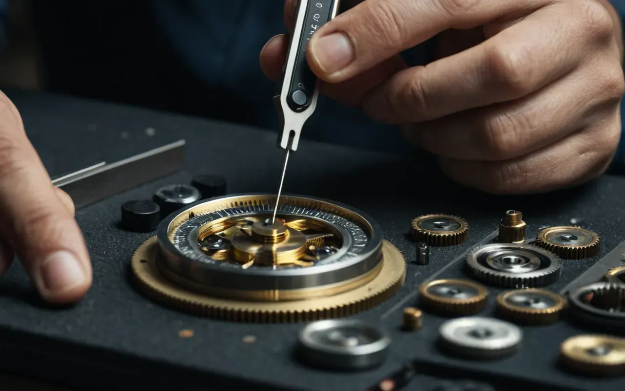 saat mekanizma tamiri Professional watchmaker hands using tweezers to adjust tiny gears inside a disassembled automatic movement under bright task lighting
