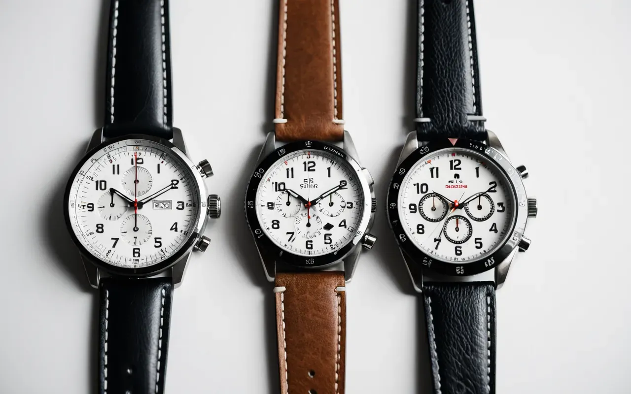 Two wristwatches side by side on a white background showing different dial designs and strap materials.