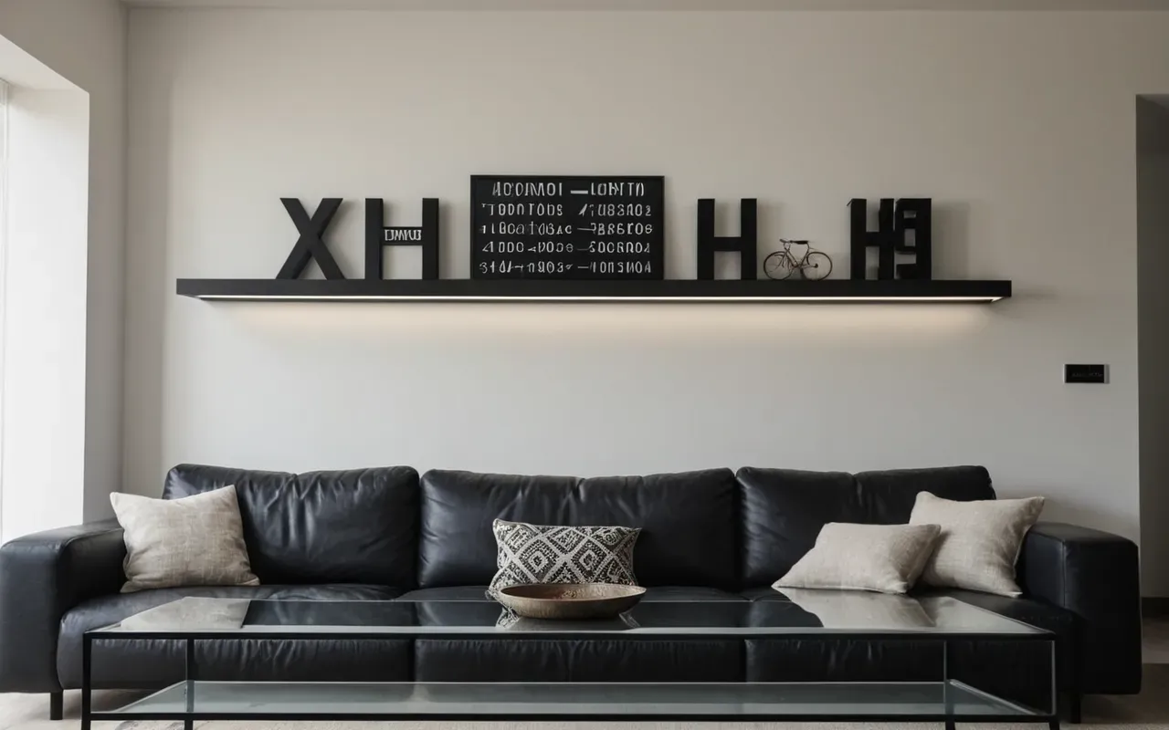 Wide shot of a modern minimalist living room with a watch collection displayed on a glass shelf in soft daylight.