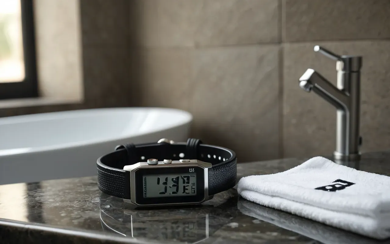 A clean modern bathroom setting with a wristwatch placed on a smooth stone surface next to a glass of water capturing the concept of humidity and care in soft neutral lighting editorial photography style without any text or numbers.