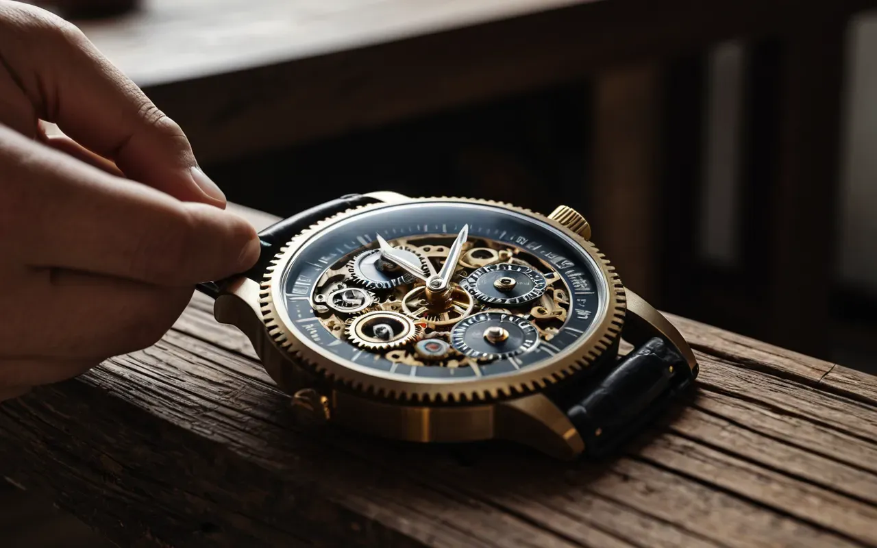 A close-up of a hand assembling intricate mechanical watch gears on a wooden workbench with soft natural light highlighting the precision engineering and craftsmanship.