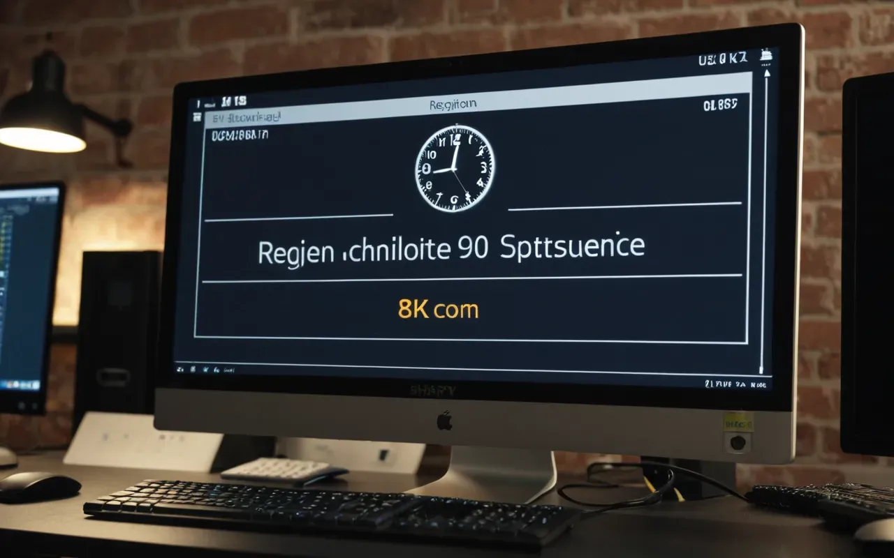 A close-up of a modern computer screen displaying a blurred clock interface in the corner, with soft ambient office lighting and a sleek desk setup.