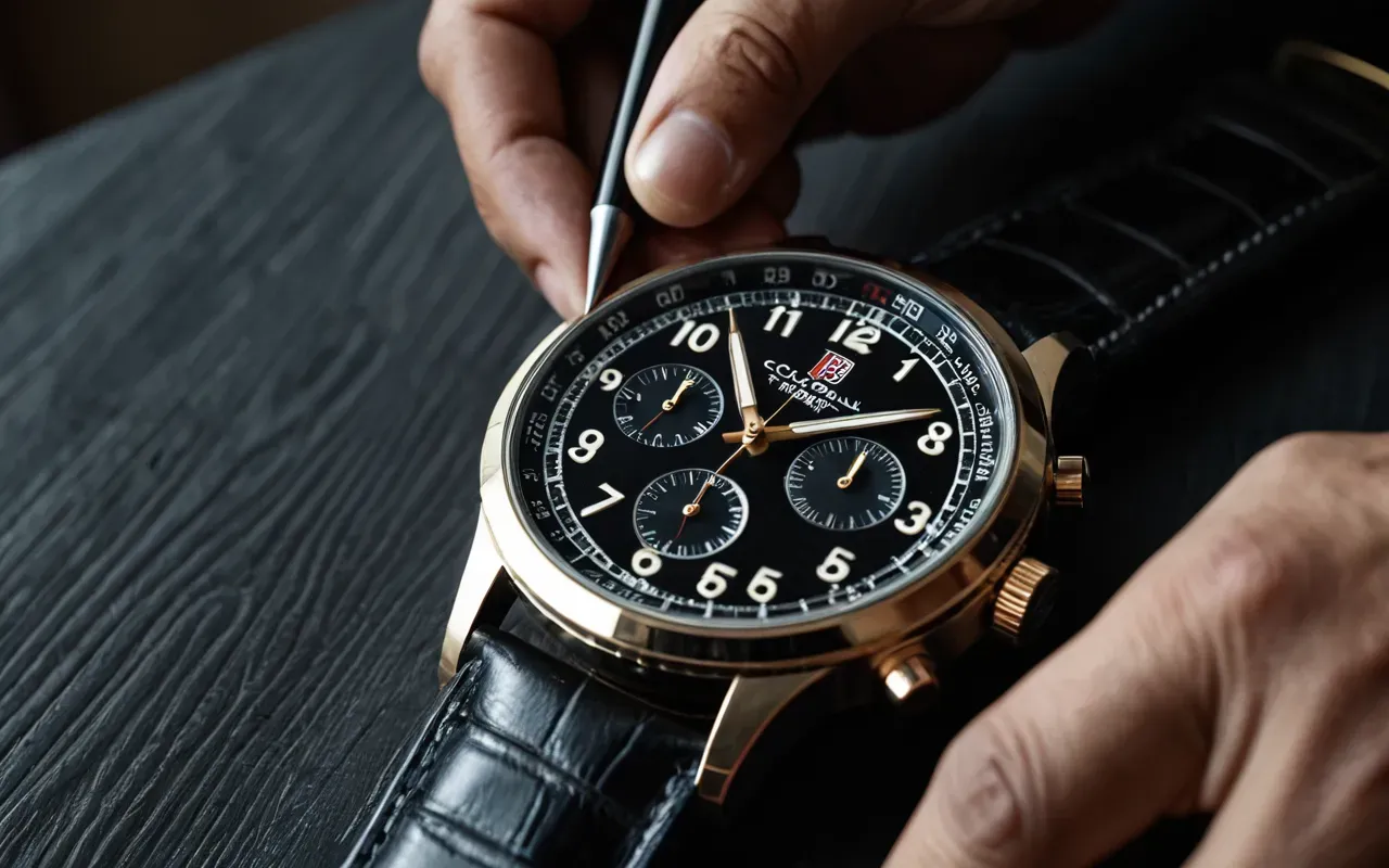 A close-up of a wristwatch with an intricate dark lacquer dial being polished by a craftsman in a well-lit studio.