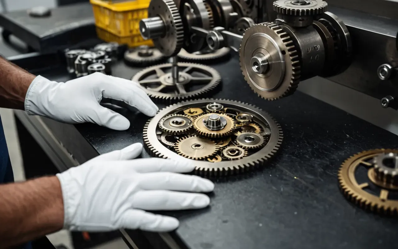 mekanik saat tamiri ve kurulumu sahnesi A close-up of intricate mechanical gears and a polished clock face being assembled by hands wearing white gloves on a clean workbench with soft lighting.