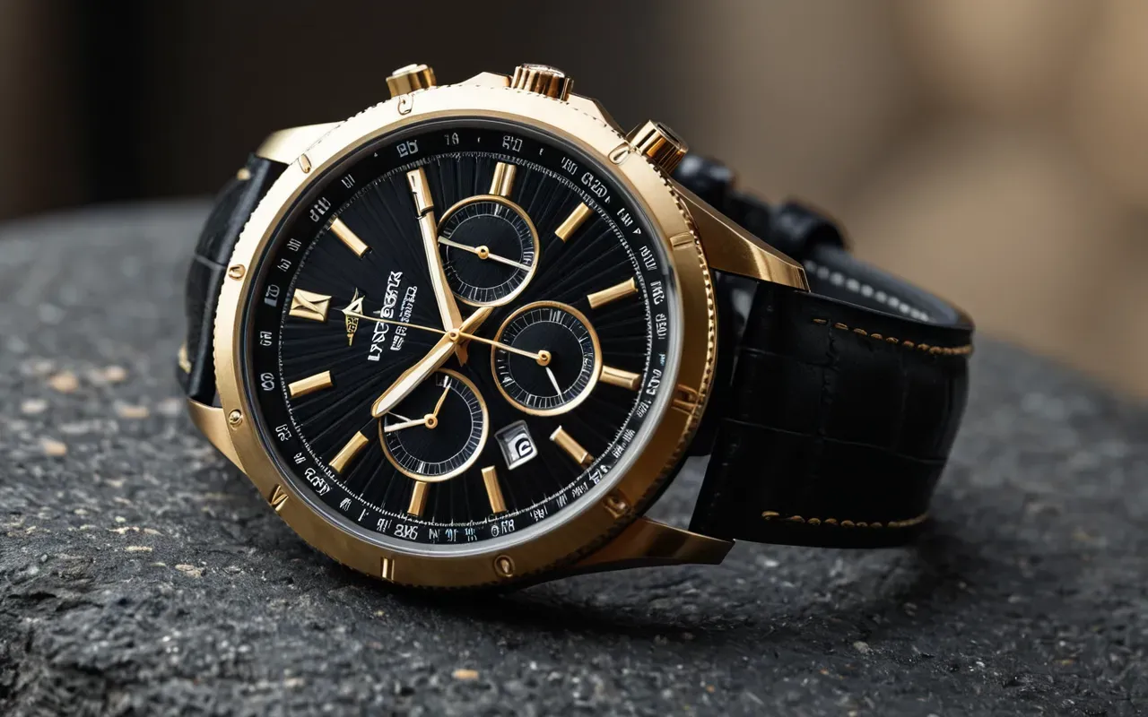 lüks saat detayı A close up shot of a luxury wrist watch with a dark textured dial and gold accents resting on a smooth stone surface under soft studio lighting.