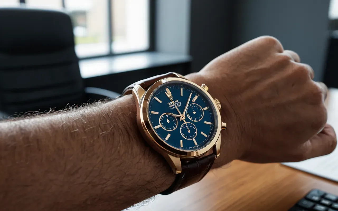 A close up shot of a man's wrist wearing an elegant automatic watch with a leather strap in a modern office setting showing the blend of luxury and daily life in soft natural light editorial photography style without any text or numbers.