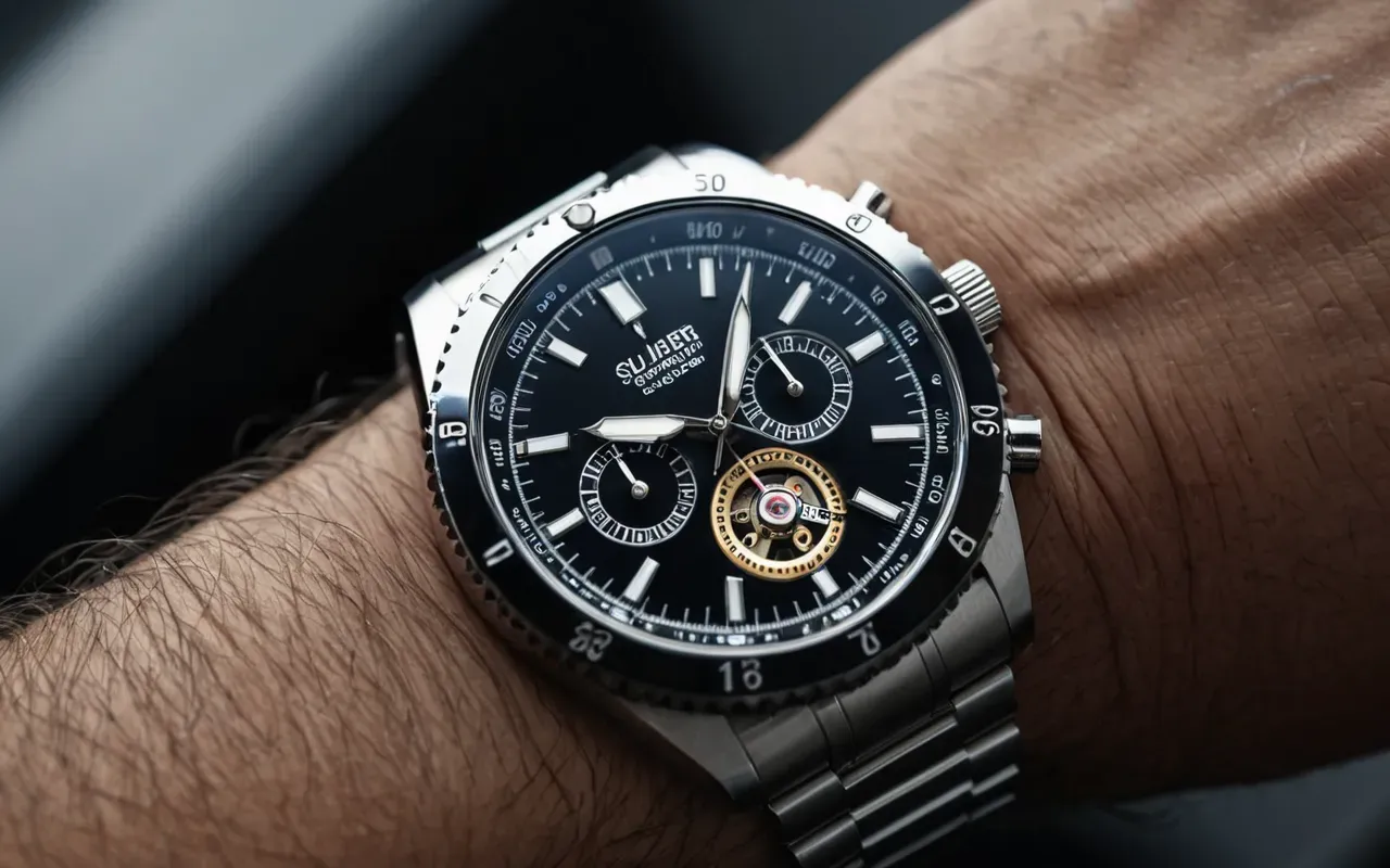 otomatik saat mekanizması A close-up shot of a wrist wearing an intricate mechanical watch with visible gears and a polished silver case, set against the background of a modern smartphone screen displaying digital clock settings in soft natural light.