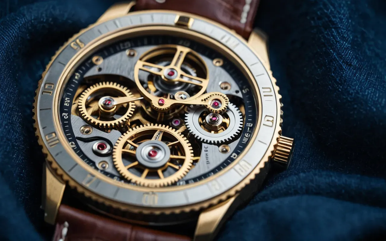 A close up view of a mechanical watch movement with gears and springs visible through the back glass, placed on a soft dark blue fabric background under warm studio lighting.