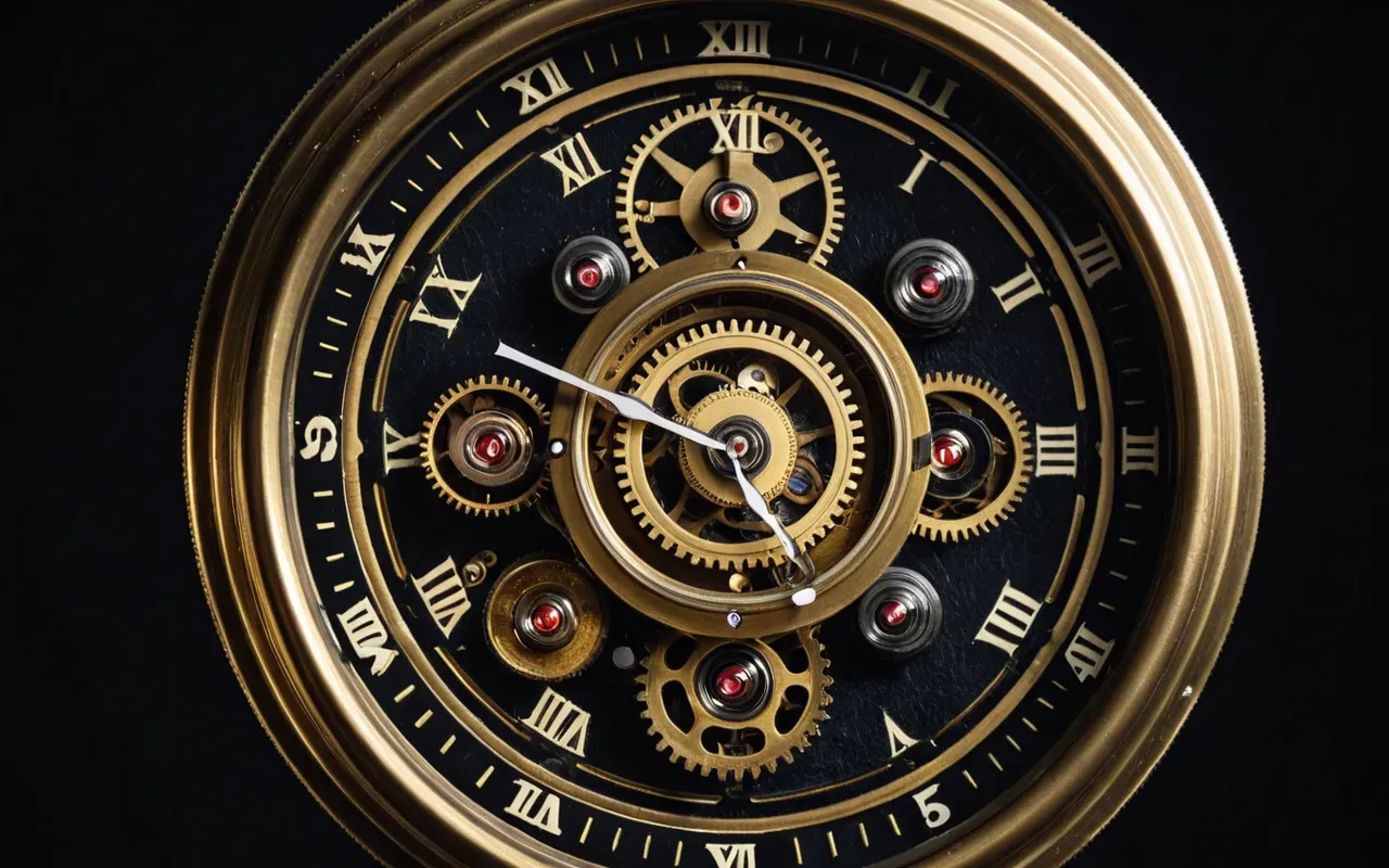 A close-up view of a vintage mechanical clock movement with polished brass gears and a mainspring barrel, set against a dark background with dramatic lighting highlighting the intricate details.