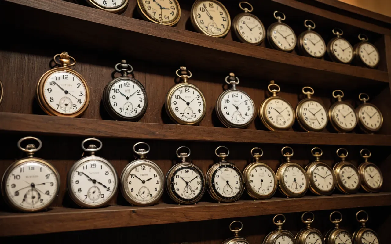 A close up view of a wooden shelf filled with antique pocket watches and vintage timepieces under warm soft lighting
