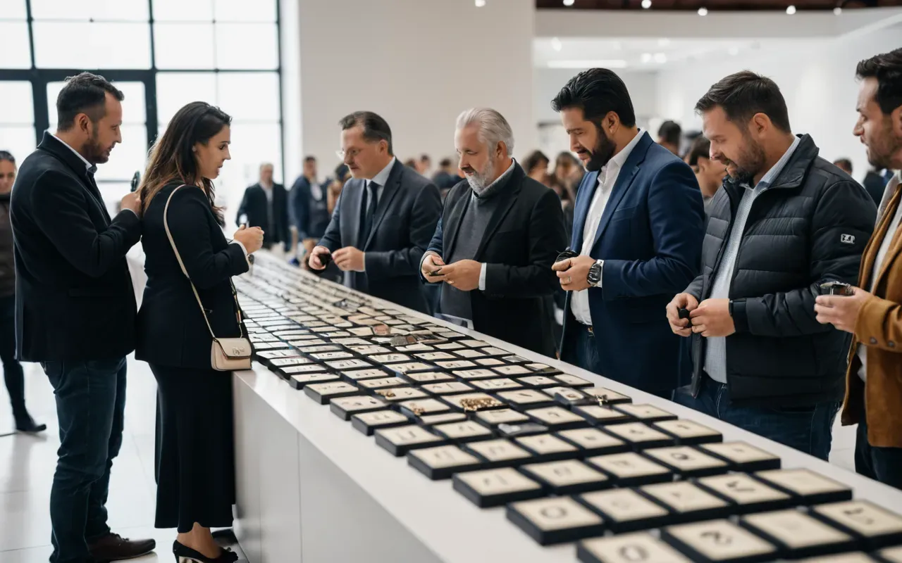 A diverse group of people gathered in a modern bright hall examining wristwatches on display stands while engaging in lively discussions about timepieces.