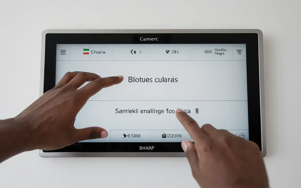 A hand interacting with a touchscreen interface showing location settings, set against a clean white background with soft focus on the fingers.