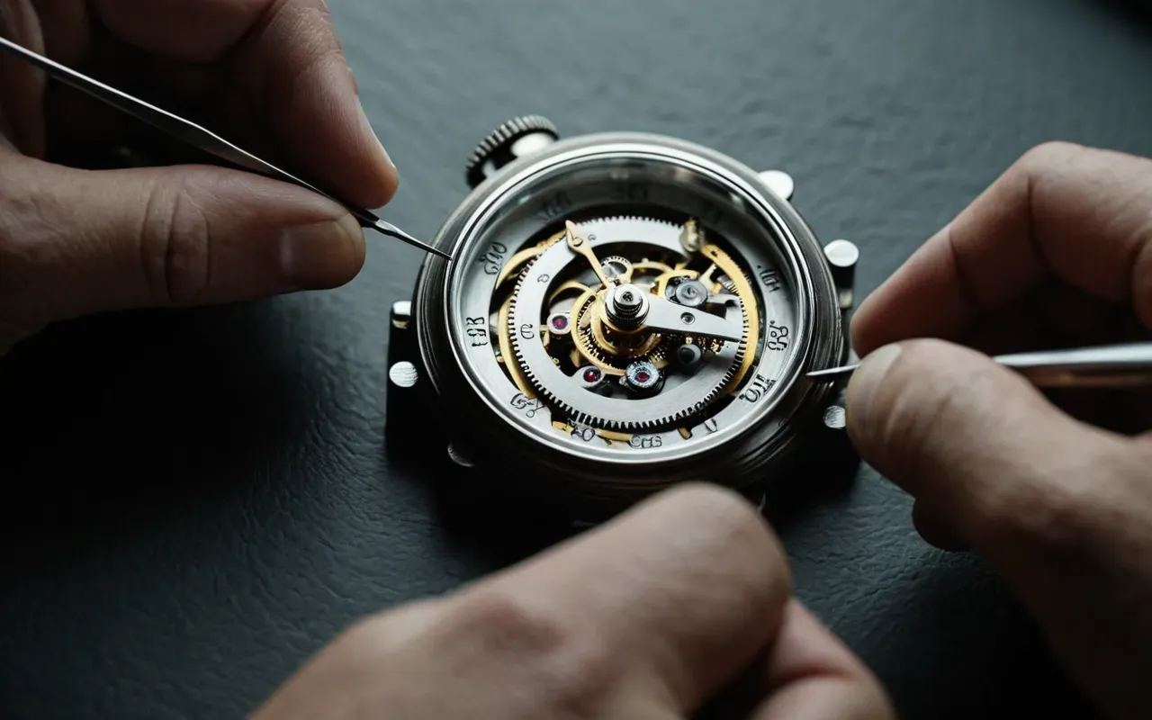 saat tamiri detayı A high-quality shot of a skilled watchmaker's hands using fine tweezers to adjust a tiny gear inside an open mechanical clock movement under bright studio lighting.