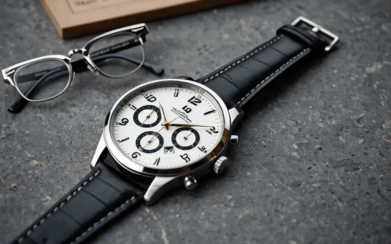 A luxury wristwatch with a silver case and black leather strap resting on a smooth gray stone surface next to a pair of reading glasses in soft natural light.