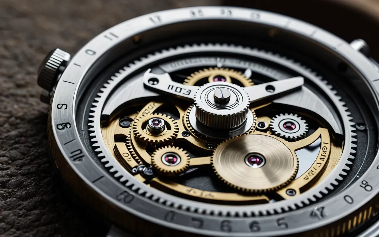 A macro shot of a mechanical watch movement showing the balance wheel and gears with visible oil drops on jewel bearings under bright studio lighting against a dark background highlighting precision engineering details without any text or labels