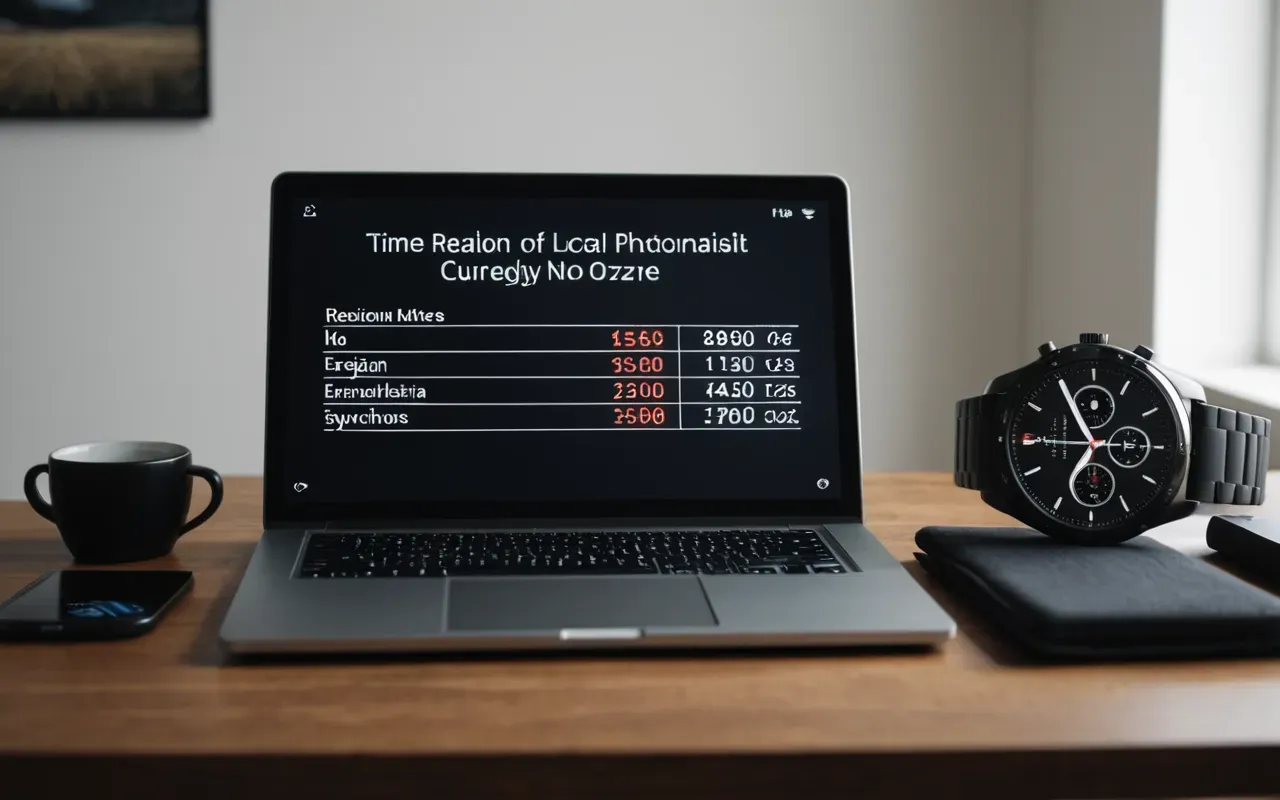 A minimalist desk setup with a laptop and a smartwatch showing different times, symbolizing time zone synchronization challenges in modern work.