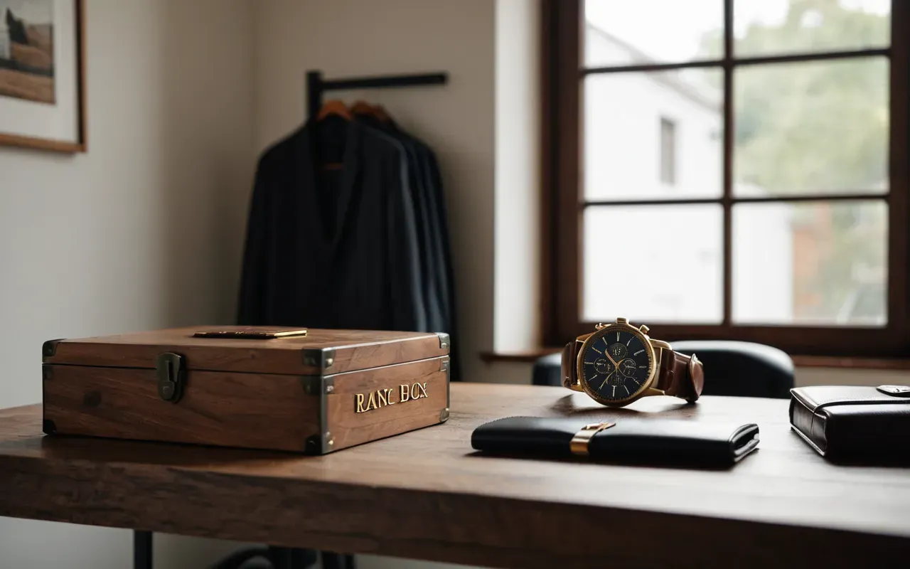 A modern minimalist desk setup featuring a wooden watch box with brass accents next to a pair of reading glasses and a leather wallet under natural window light creating a clean professional workspace atmosphere without any visible text or branding on the items