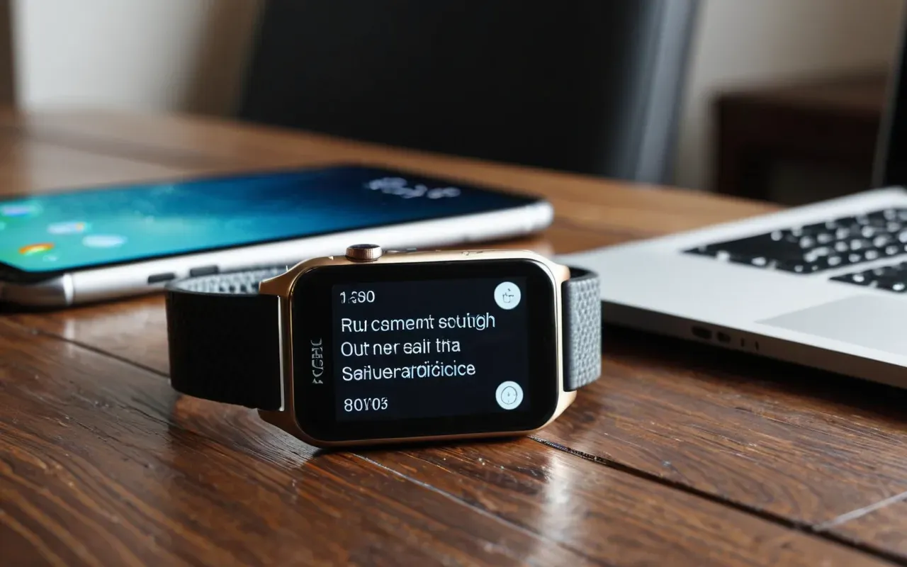 A modern smartwatch and a smartphone side by side on a clean wooden desk, showing different times clearly without any visible text or numbers on the screens to avoid typography constraints.