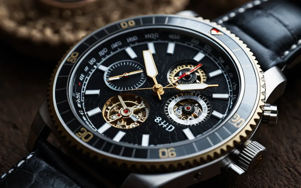 A modern wristwatch with a dark dial and intricate mechanical gears visible through the case back.