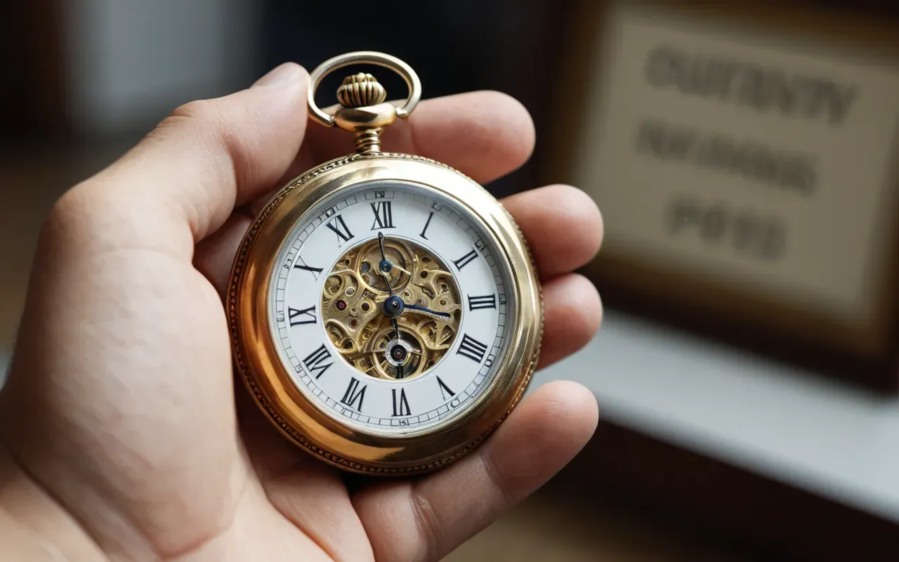 A person carefully holding an antique gold pocket watch with intricate details in a well lit room with blurred background of other watches