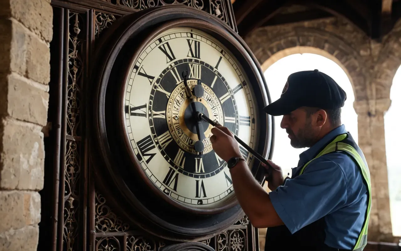 A person in a work uniform carefully winding the large mechanical clock inside a historic tower using a specialized tool, with soft natural light filtering through small windows.
