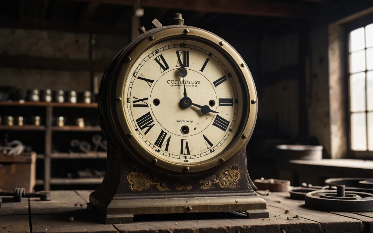 paslı saat mekanizması A photo-realistic close-up of a heavily rusted and tarnished brass clock mechanism resting on a dusty wooden workbench in a dimly lit storage room, with scattered old park poles in the background.