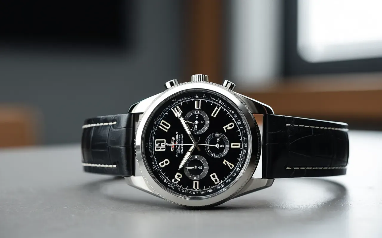 otomatik saat mekanizma detay görüntüsü A polished wristwatch with a visible automatic rotor on the back glass held by a person in a bright studio setting with a clean background and no text or logos.
