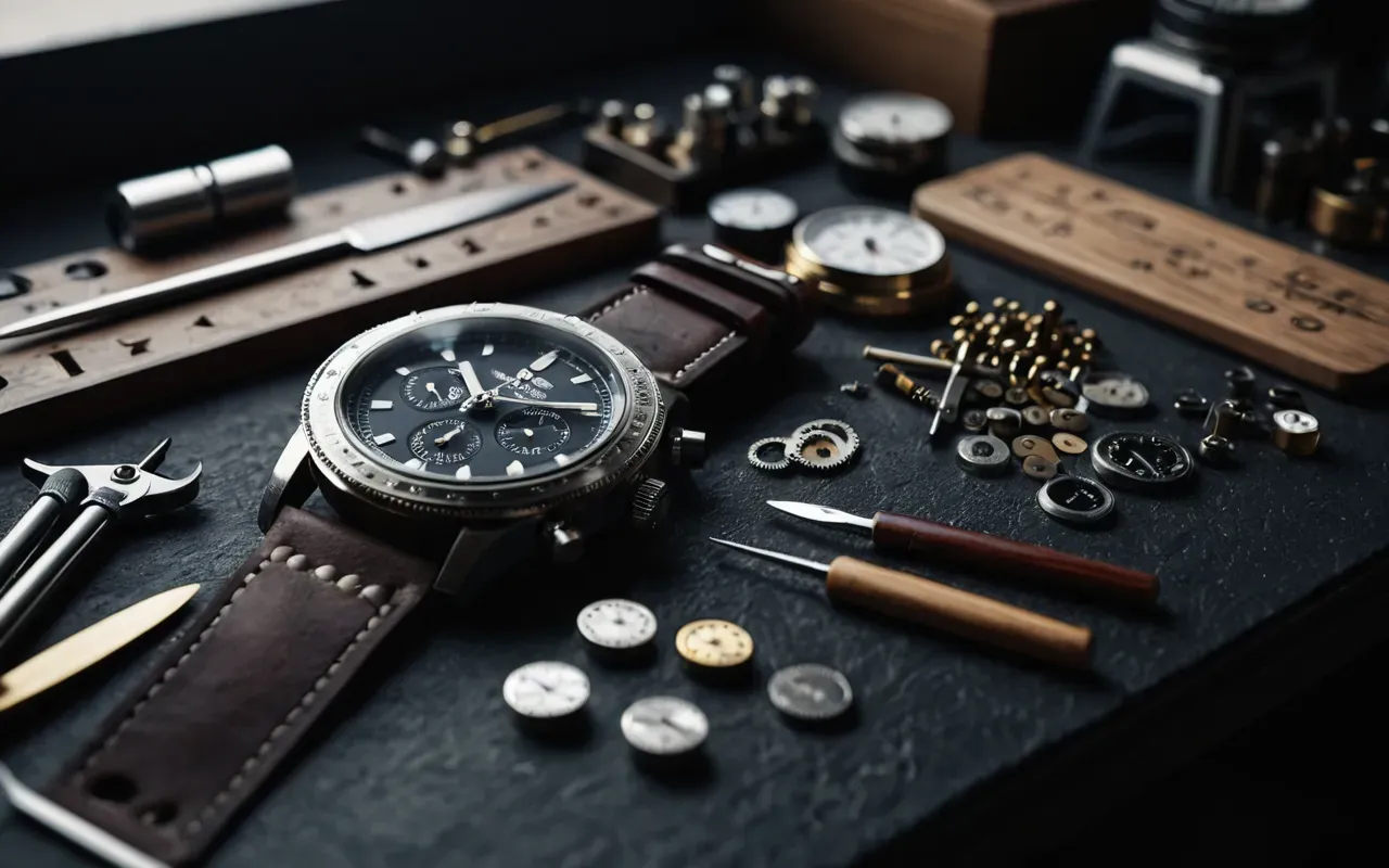 A professional watchmaker's workspace with precision tools and a disassembled wristwatch movement on a clean dark surface showing the complexity of mechanical repair in high detail editorial photography style without any text or numbers.