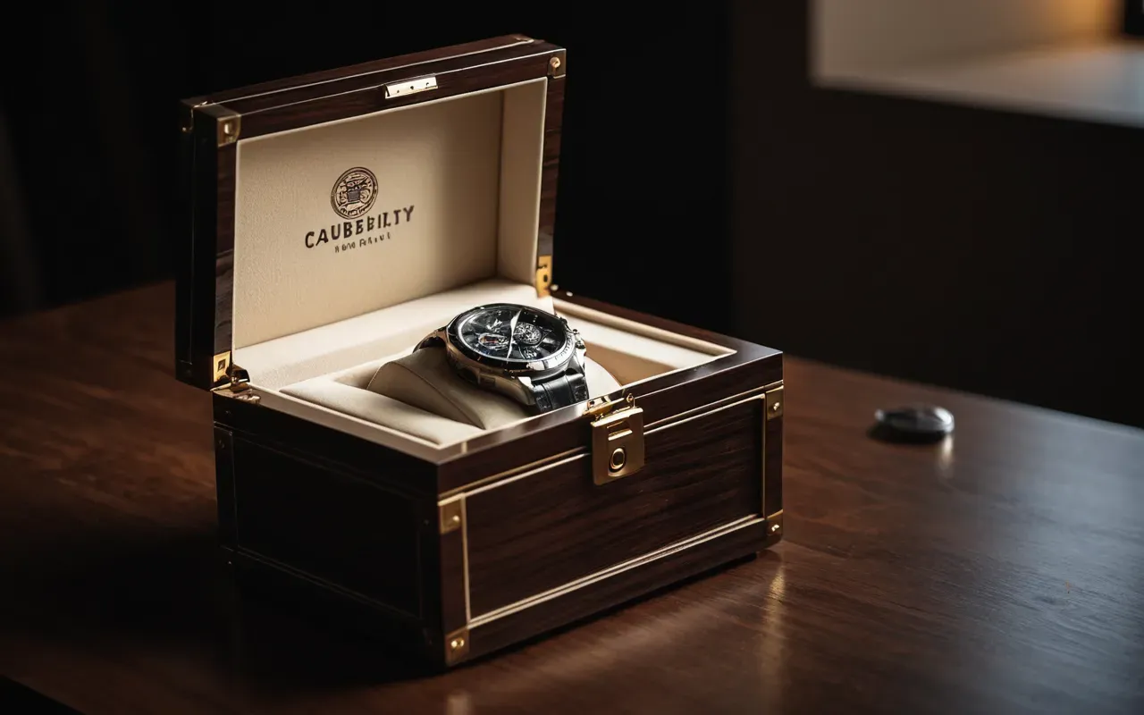 A sophisticated still life of a luxury watch box with open lid revealing the interior cushion and winding mechanism under dramatic side lighting that creates deep shadows emphasizing the premium materials in an elegant modern room without any visible text or branding on the product surface