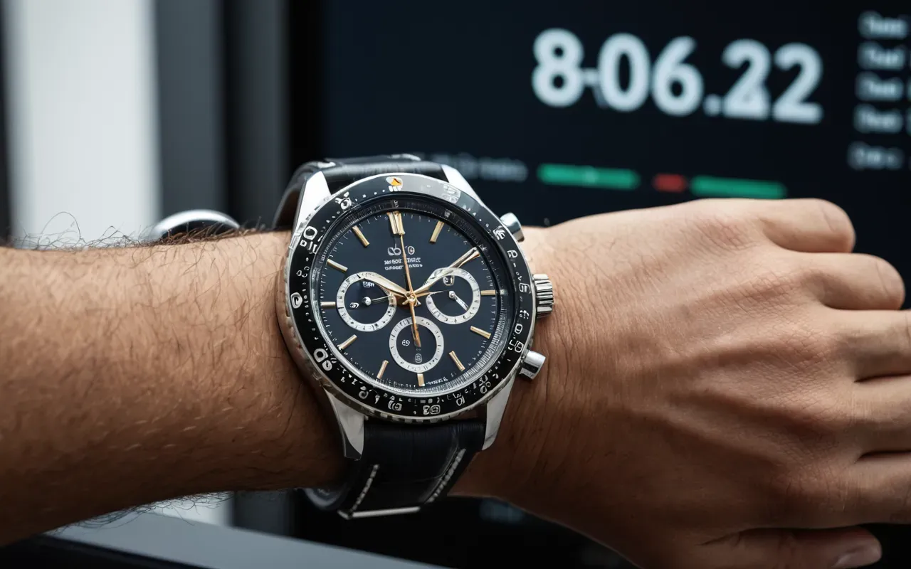 lüks otomatik saat dijital cihaz estetiği A sophisticated wrist wearing a luxury automatic watch with a visible tourbillon mechanism, standing next to a sleek digital device displaying precise time measurements in an elegant modern interior setting.