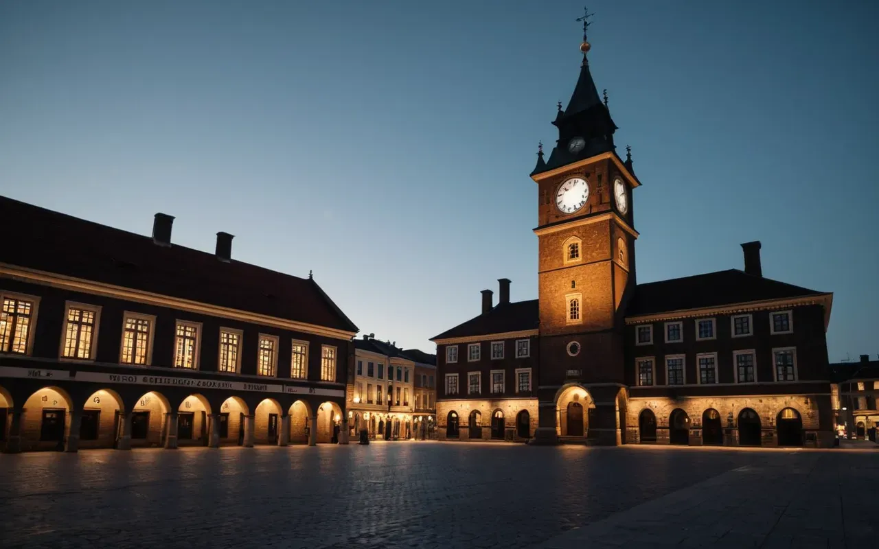 tarihi ahşap saat kulesi A wide-angle shot of a historic wooden clock tower at dusk with warm interior lighting visible through the windows, standing on an empty city square.