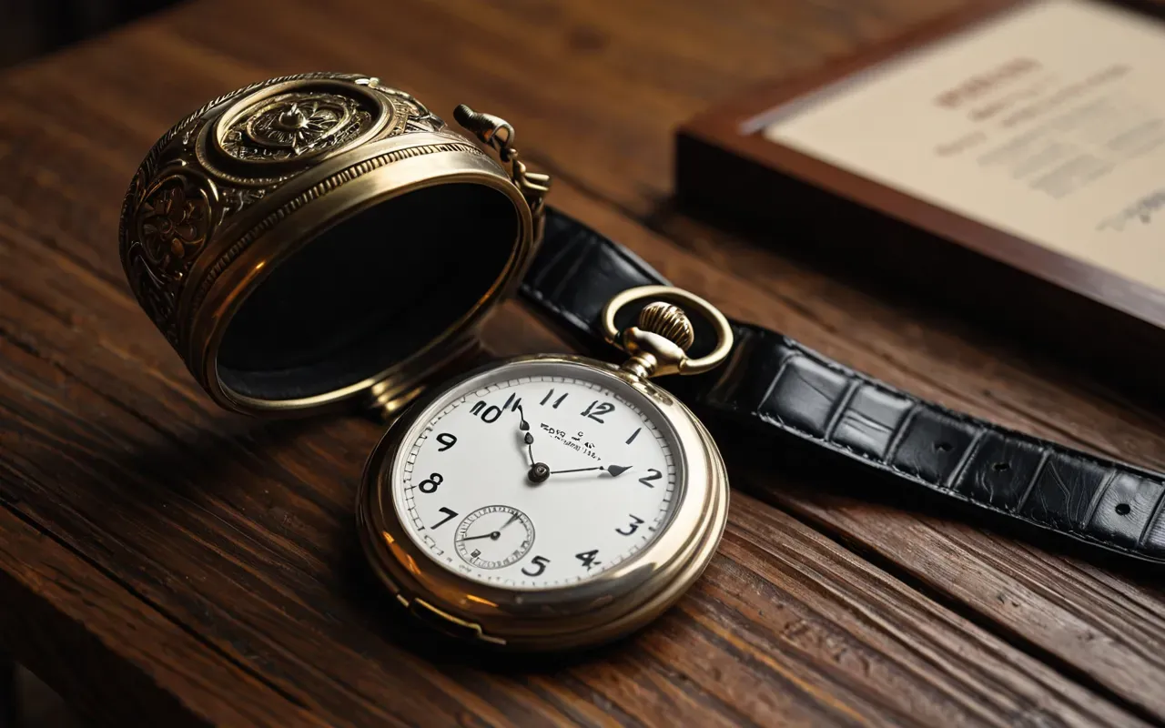 vintage ve lüks saat karşılaştırması An old vintage pocket watch with a silver case lying next to a modern luxury wrist watch on a wooden table with warm ambient light.