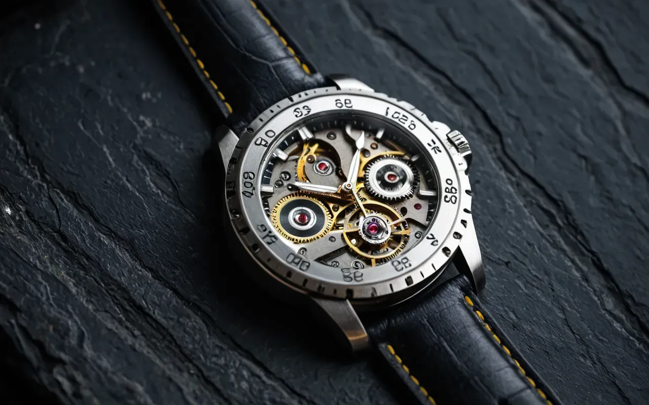 Close-up of a disassembled mechanical watch movement on a dark slate surface with soft studio lighting and shallow depth of field