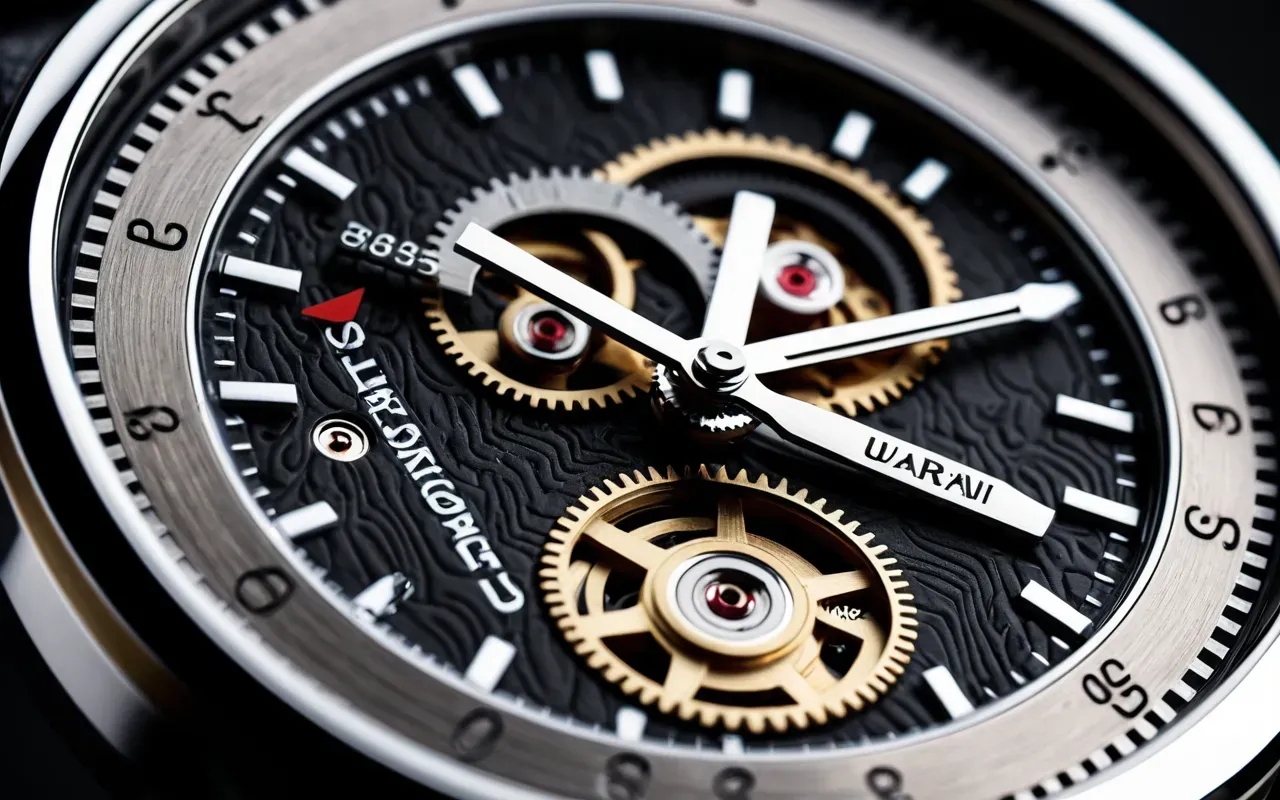 saat mekanizması Close-up of a luxury automatic watch movement with visible gears and rotor, macro photography, soft studio lighting