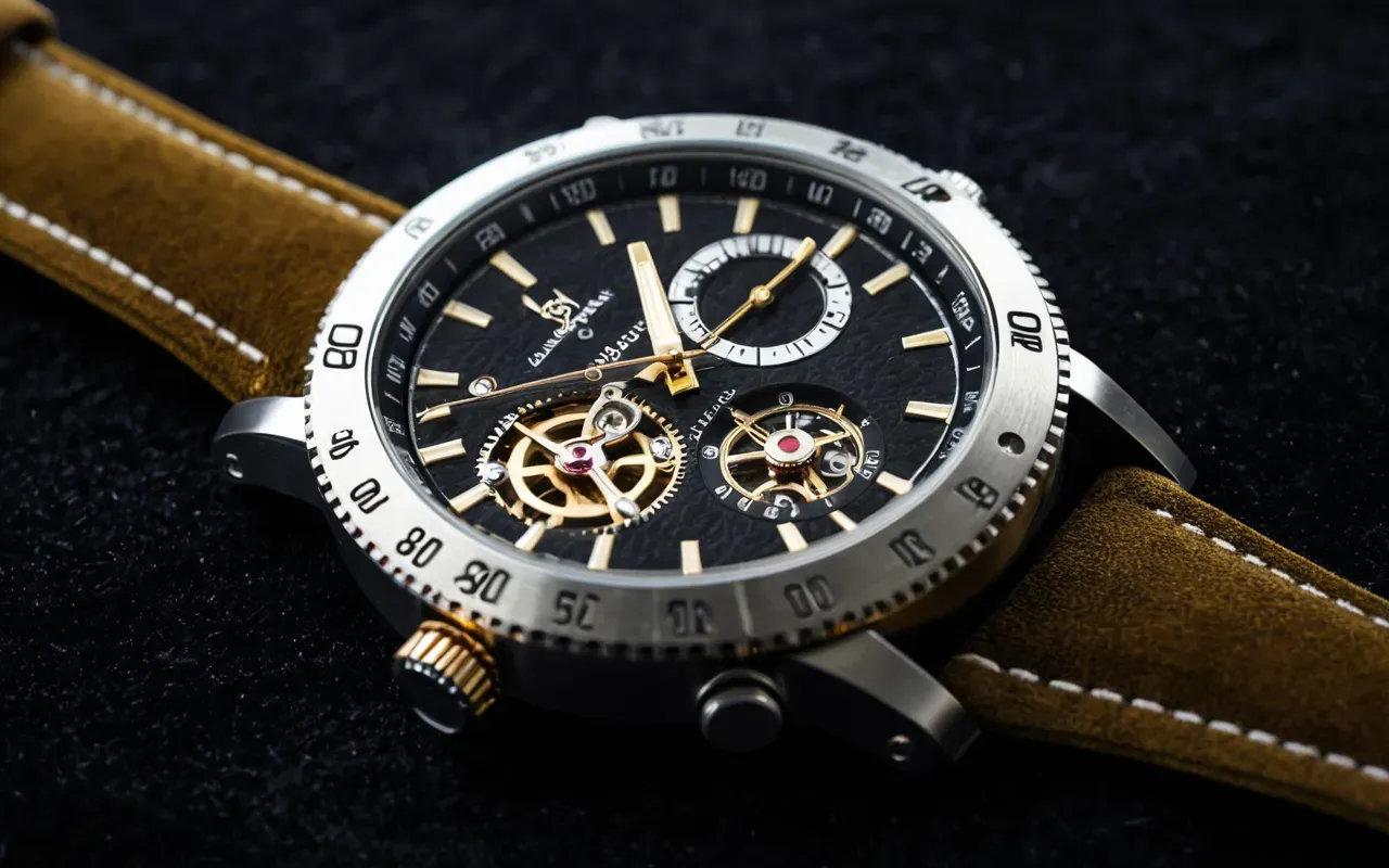 otomatik saat mekanizma detayı Close-up of a luxury mechanical watch on a dark velvet surface with soft studio lighting highlighting the intricate gears and polished metal components in high definition detail